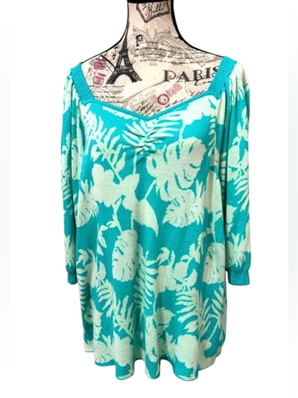 Cato Turquoise Tropical Rouched V neck puff sleeves top size 22/24